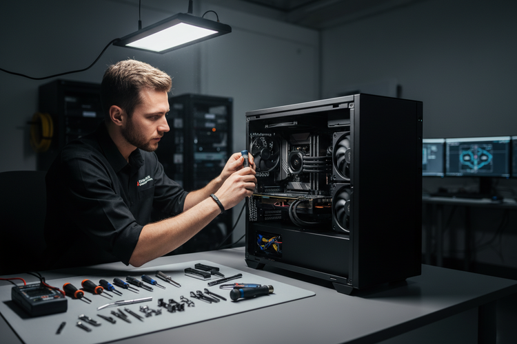 Technician installing computer hardware