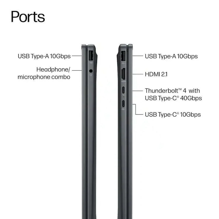 Laptop i9 shown edge-on in dark gray, highlighting USB Type-A, USB-C, HDMI 2.1, Thunderbolt 4 and audio ports