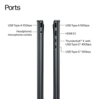 Thumbnail for Laptop i9 shown edge-on in dark gray, highlighting USB Type-A, USB-C, HDMI 2.1, Thunderbolt 4 and audio ports