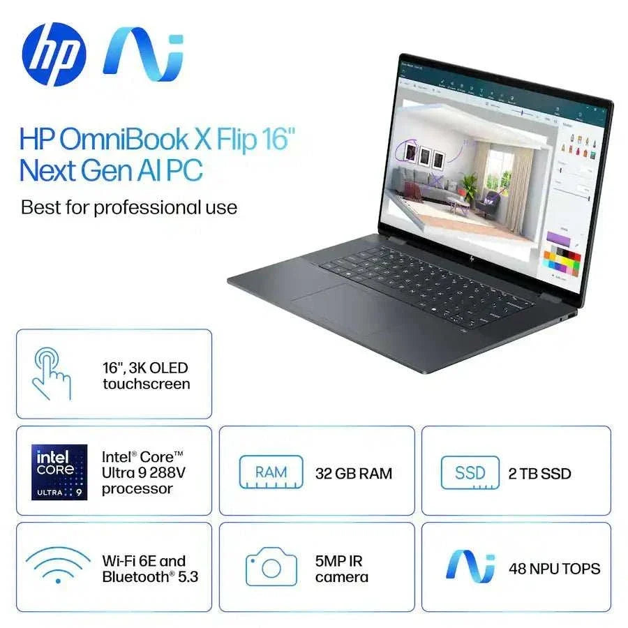 Laptop i9 in dark grey with a slim convertible design, black keyboard, and 16-inch 3K OLED touchscreen display