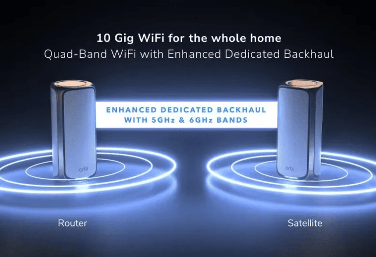 Wi-Fi 7 Router mesh system with two silver cylindrical units, one router and one satellite, shown with blue wireless signal rings