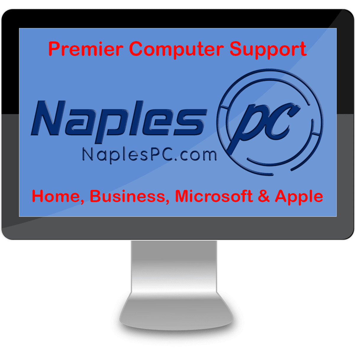 Naples PC logo on monitor promoting premier computer support and security services