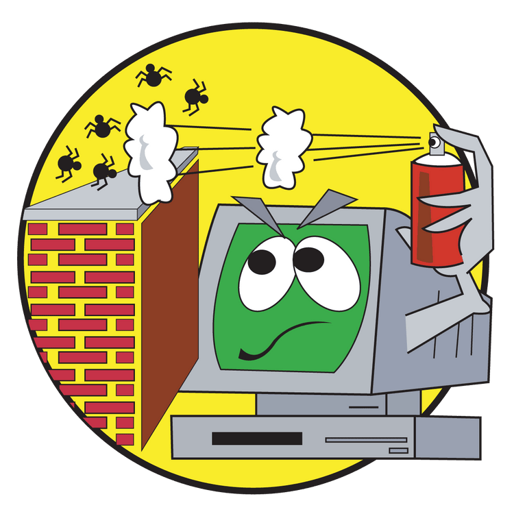 Cartoon computer spraying antivirus spray at bugs on brick wall