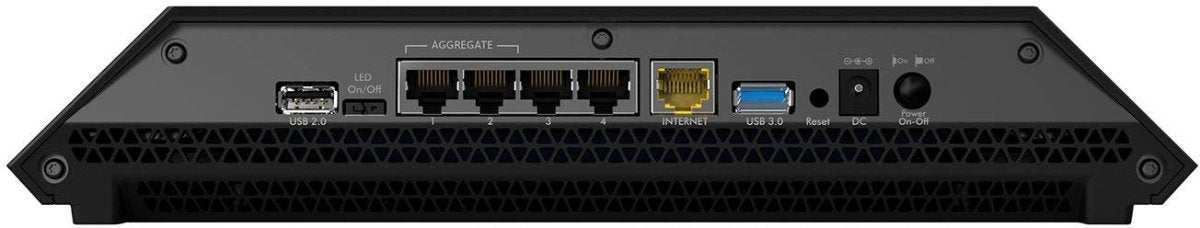 Back view of high speed wireless router with multiple Ethernet ports