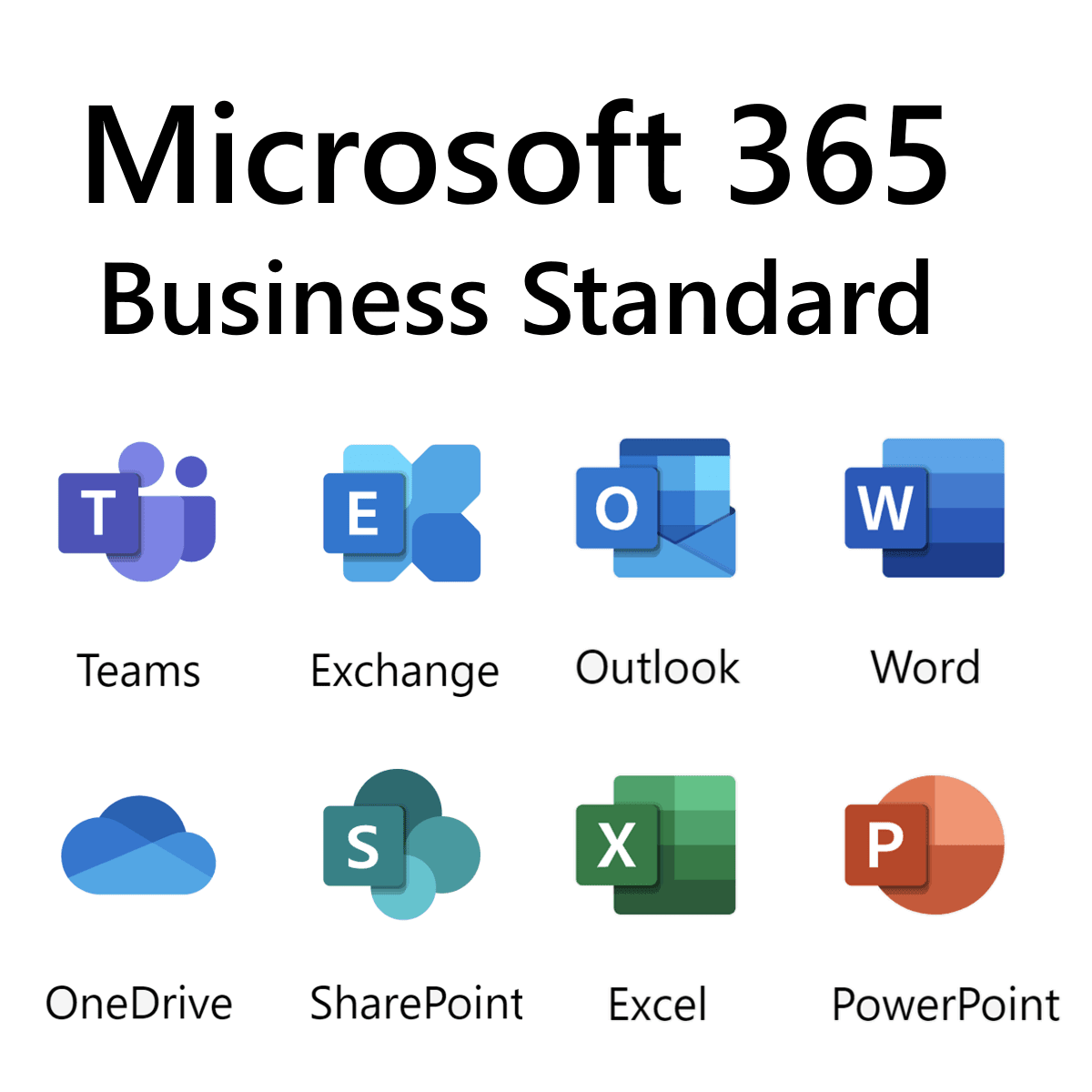 Microsoft 365 Business Standard package icons including Teams, Exchange, Outlook, Word, OneDrive, SharePoint, Excel, and PowerPoint